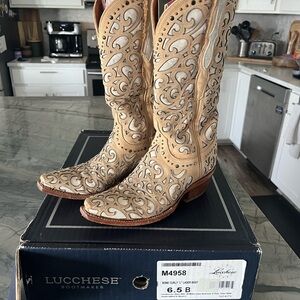 Lucchese Bone/Cream Over-the-Knee Filigree Leather Boots